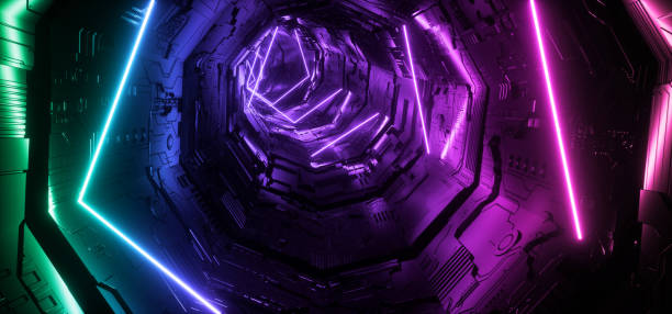 istock Neon Light Purple Blue Hyper Pentagonal Triangle Detailed Sci Fi Futuristic Alien Spaceship Reflective Metal Corridor Tunnel Gate Empty Glowing Background Modern 3D Rendering 1163564636