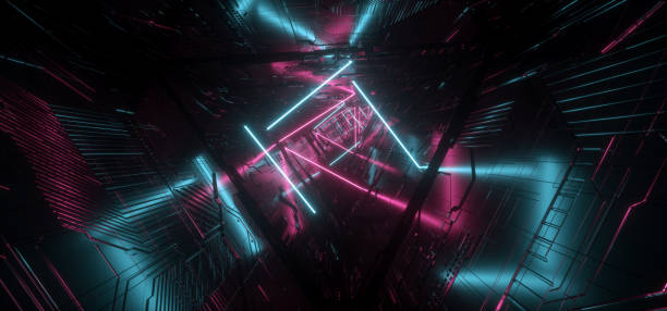 istock Neon Light Purple Blue Hyper Pentagonal Triangle Detailed Sci Fi Futuristic Alien Spaceship Reflective Metal Corridor Tunnel Gate Empty Glowing Background Modern 3D Rendering 1163564675