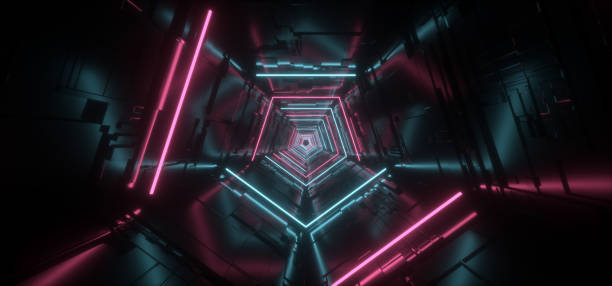 istock Neon Light Purple Blue Hyper Pentagonal Triangle Detailed Sci Fi Futuristic Alien Spaceship Reflective Metal Corridor Tunnel Gate Empty Glowing Background Modern 3D Rendering 1163564679