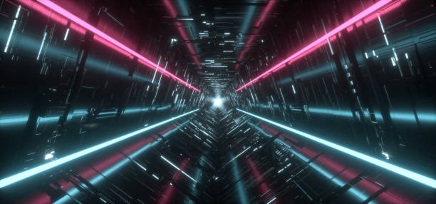 istock Neon Light Purple Blue Hyper Pentagonal Triangle Detailed Sci Fi Futuristic Alien Spaceship Reflective Metal Corridor Tunnel Gate Empty Glowing Background Modern 3D Rendering 1163564692