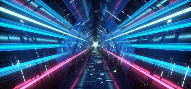 istock Neon Light Purple Blue Hyper Pentagonal Triangle Detailed Sci Fi Futuristic Alien Spaceship Reflective Metal Corridor Tunnel Gate Empty Glowing Background Modern 3D Rendering 1163564701