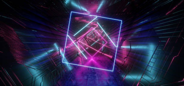 istock Neon Light Purple Blue Hyper Pentagonal Triangle Detailed Sci Fi Futuristic Alien Spaceship Reflective Metal Corridor Tunnel Gate Empty Glowing Background Modern 3D Rendering 1163564714