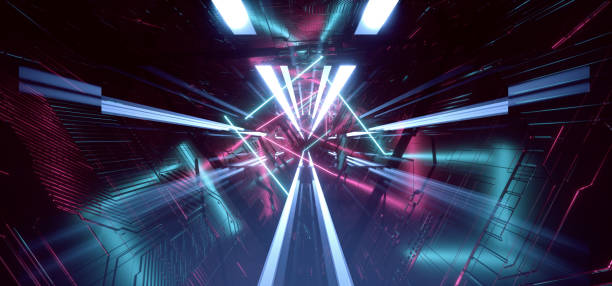 istock Neon Light Purple Blue Hyper Pentagonal Triangle Detailed Sci Fi Futuristic Alien Spaceship Reflective Metal Corridor Tunnel Gate Empty Glowing Background Modern 3D Rendering 1163564723