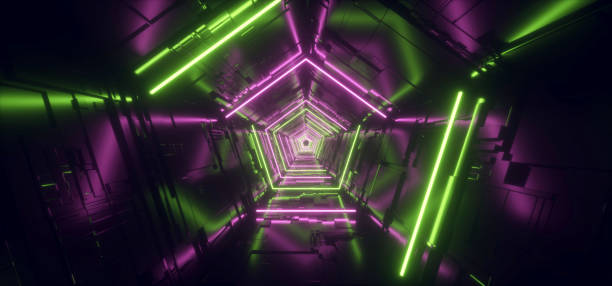 istock Neon Light Purple Green Hyper Pentagonal Triangle Detailed Sci Fi Futuristic Alien Spaceship Reflective Metal Corridor Tunnel Gate Empty Glowing Background Modern 3D Rendering 1163564727