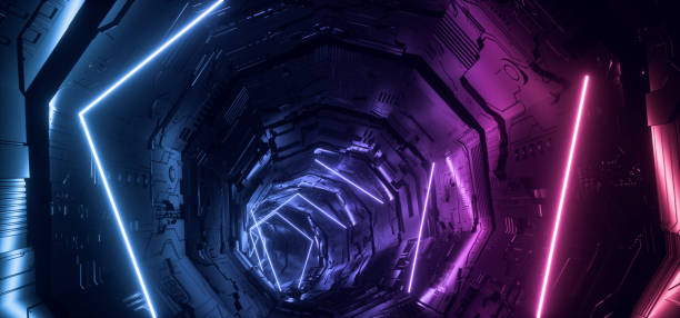 istock Neon Light Purple Blue Hyper Pentagonal Triangle Detailed Sci Fi Futuristic Alien Spaceship Reflective Metal Corridor Tunnel Gate Empty Glowing Background Modern 3D Rendering 1163564751