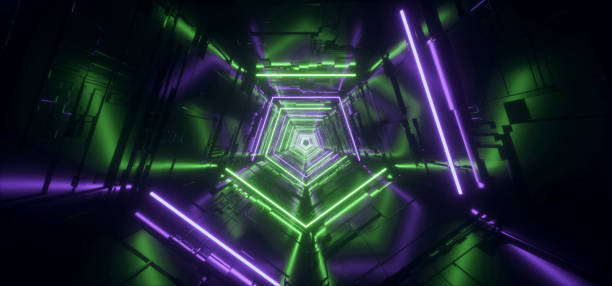 istock Neon Light Violet Green Hyper Pentagonal Triangle Detailed Sci Fi Futuristic Alien Spaceship Reflective Metal Corridor Tunnel Gate Empty Glowing Background Modern 3D Rendering 1163564763