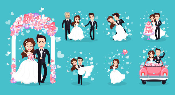 Wedding Couple Isolated on Bright Blue Background Wedding couple isolated, vector joyful newlywed man in suit and woman in white gown, ceremony act, riding on car, kissing, throwing bouquet and dancing bride hugging father on wedding day stock illustrations