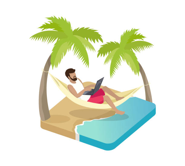 休暇漫画ベクトルアイコンに取り組んでいる人 - hammock relaxation palm tree outdoors点のイラスト素材／クリップアート素材／マンガ素材／アイコン素材