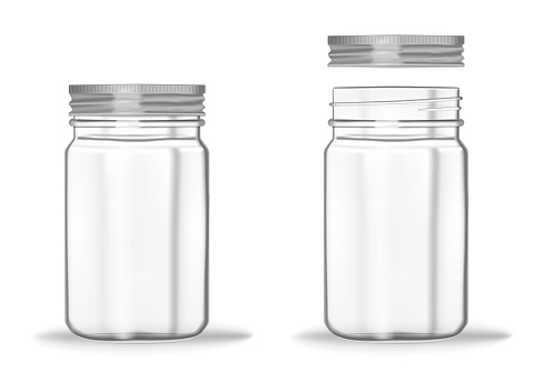 Glass mason jar with screw metal lid, vector mockup. Clear empty food container - closed and opened, realistic illustration.