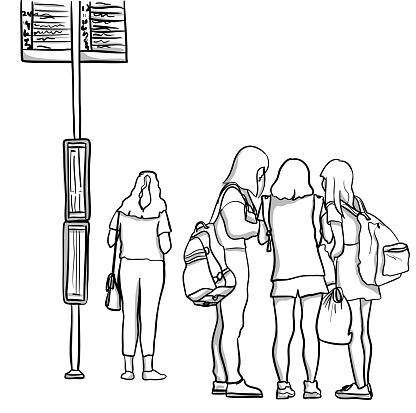 Freehand drawing illustration of highschool girls waiting for the bus
