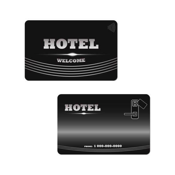 흰색 배경에 격리 된 호텔 rfid 키 카드. 전자 잠금 장치용 블랙 키카드, 벡터 템플릿 - hotel key illustrations stock illustrations