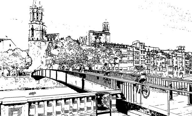 художественное черно-белое рисунок мост к собору вектор - girona stock illustrations
