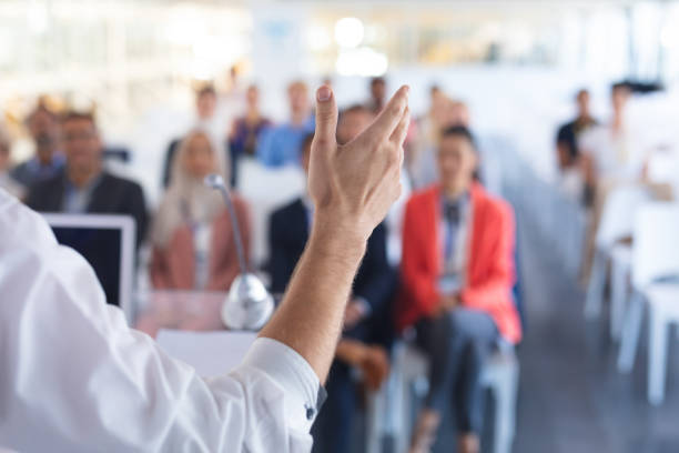 istock Male speaker speaks in a business seminar 1163576160