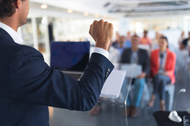 istock Male speaker speaks in a business seminar 1163576247