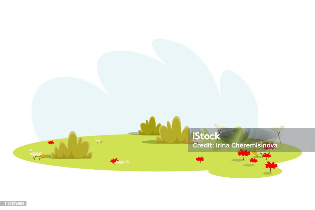 Empty meadow, lawn flat vector illustration Empty meadow, lawn flat vector illustration. Beautiful green glade with no people isolated on white background. Outdoor rest, picnic, barbecue place. Spring, summer nature, rural scenery with flowers Public Park stock vector