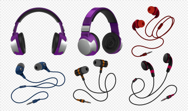 Realistic headset. Wireless gaming earphones with mic and and corded studio monitor headphones for music. Vector isolated set Realistic headset. Wireless gaming earphones with mic and and corded studio monitor headphones for music. Vector isolated headset on transparent background set in ear headphones stock illustrations