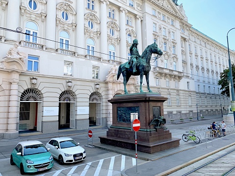 Vienna, Austria - July, 20 - 2019: Building of the Federal Ministry of Sustainability and Tourism. In the foreground the equestrian statue of Johann Joseph Wenzel Graf Radetzky von Radetz (1766-1858).