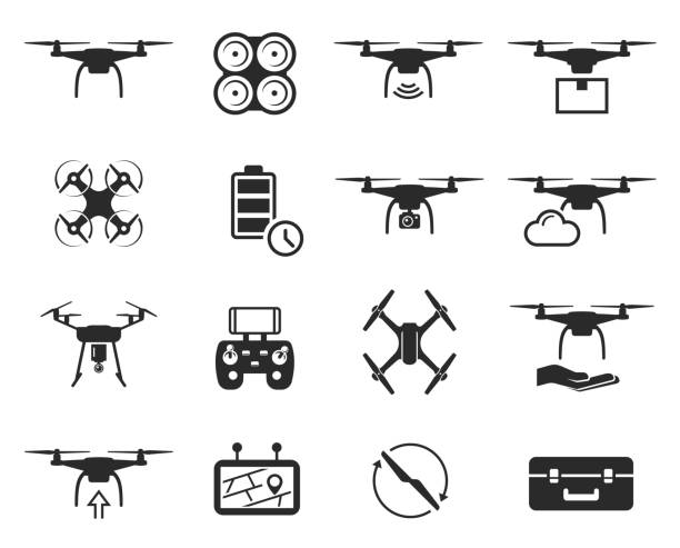 드론 블랙 아이콘 세트, 헬리콥터 기술 및 항공기 - 무인 항공기 stock illustrations