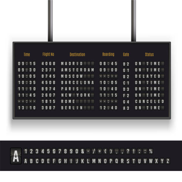 airport board set, schriftart für internationalen geschäftsurlaub - an bord stock-grafiken, -clipart, -cartoons und -symbole