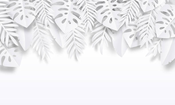 istock Paper cut tropic background. Summer trendy poster with exotic leaves, summer vacation backdrop. Vector nature wallpaper 1163580613