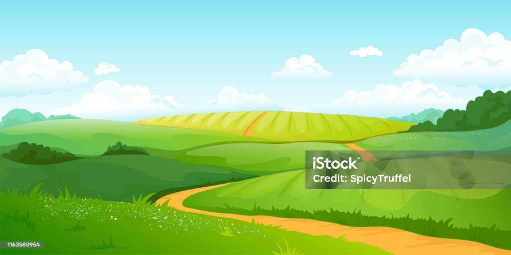 Ilustración de Paisaje De Campos De Verano Valle Rural De Dibujos Animados  Con Verdes Colinas Cielo Azul Y Nubes Rizadas Vista De La Naturaleza Rural  Vectorial y más Vectores Libres de Derechos