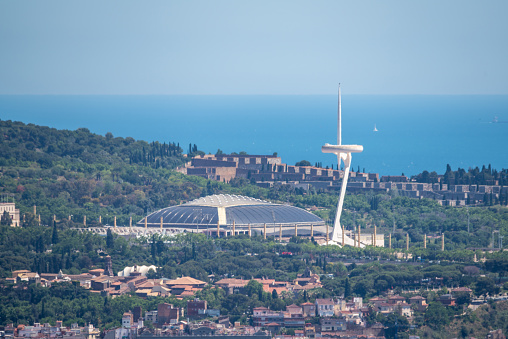 june 1, 2019 - Barcelona, Spain: aerial view of Olympic park, Palau sant jordi and telecomunications tower in Montjuic mountain. Barcelona, Spain