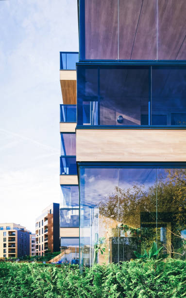 istock Modern glass apartment building and Birch trees 1163584215