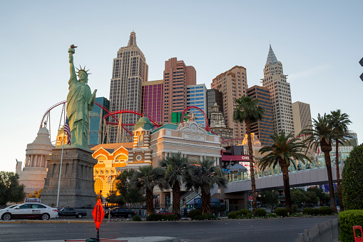 Las Vegas, Nevada, United States: May 21, 2019: New York New York hotel and casino in Las Vegas Strip at sunset, with famous replica buildings