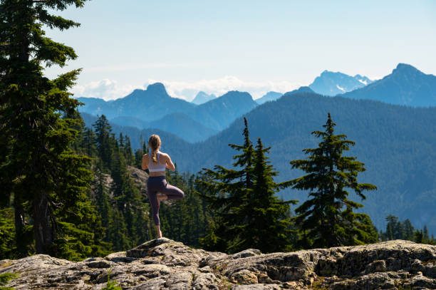 山でヨガを練習する女性 - yoga outdoors hippie people ストックフォトと画像