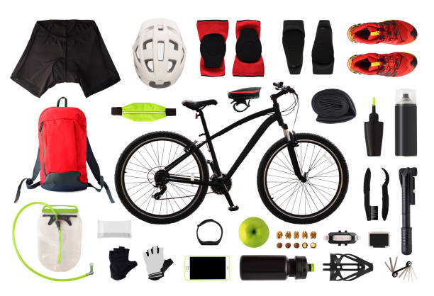 flat lay of bicycle equipment and accessories isolated - mountain cycling bicycle tire imagens e fotografias de stock