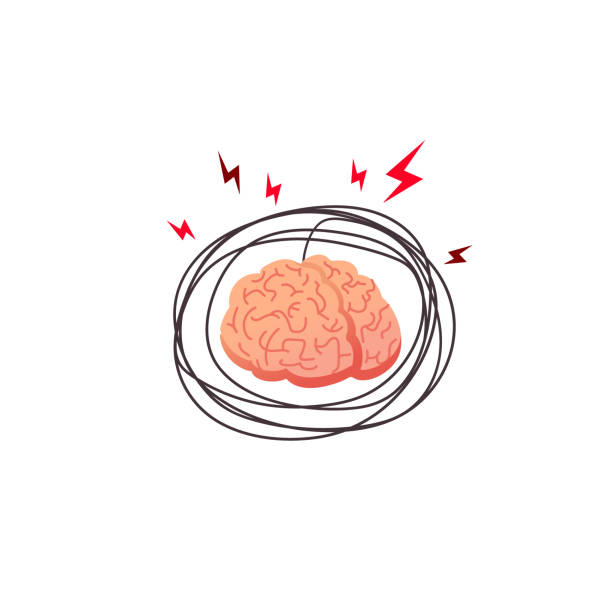 Brain stress, angry concept. Stress affecting human brain, internal organ stressed with outside factors Brain stress, angry concept. Stress affecting human brain, internal organ stressed with outside factors Vector Illustration. Brain stressed with red lightnings causing headache headache stock illustrations