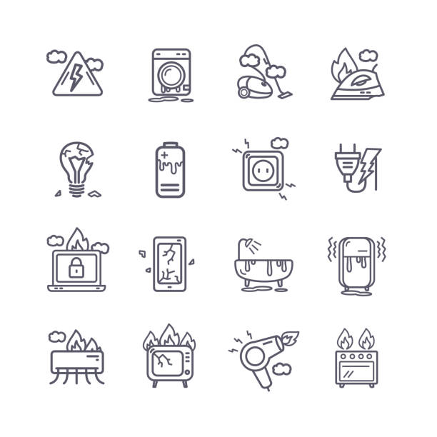 Broken Appliances Black Thin Line Icon Set. Vector Broken Appliances Black Thin Line Icon Set Include of Tv, Phone and Laptop. Vector illustration of Icons appliance repair stock illustrations
