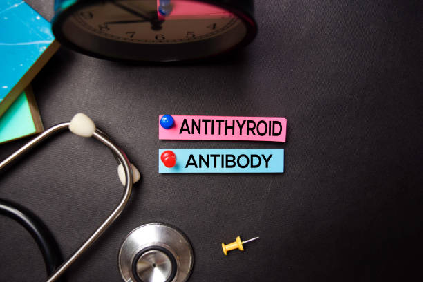 istock Antithyroid Antibody text on Sticky Notes. Top view isolated on black background. Healthcare/Medical concept 1163589071