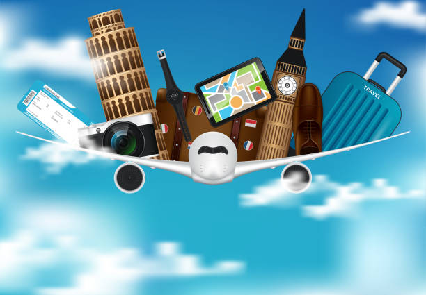 istock Time To Travel Sale Poster for Advertisement with Travelling 3D Realistic Items Such as, Camera, Sunglasses, Passport, Compass, Notepad, suitcase 1163589161