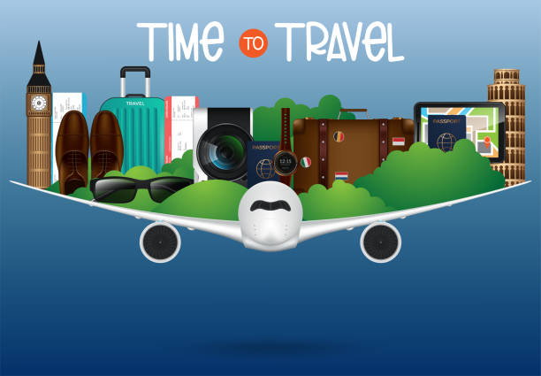 istock Time To Travel Sale Poster for Advertisement with Travelling 3D Realistic Items Such as, Camera, Sunglasses, Passport, Compass, Notepad, suitcase 1163589171