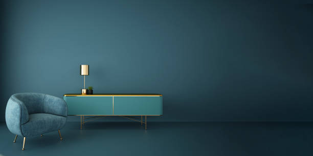 Blue Color Room Zero Gravity Concept. 3D Render