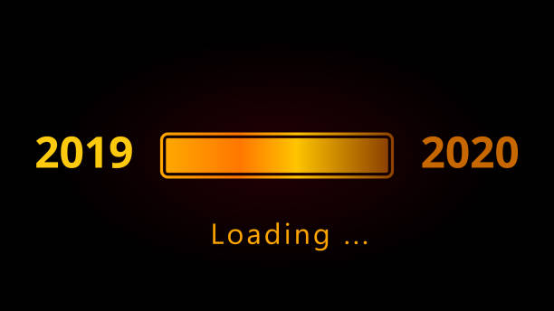 istock Happy New Year 2020 numbers with shiny golden loading bar and text isolated on black background. Holiday web banner, poster, greeting card or invitation, end of year template. Copy space. 1163590465