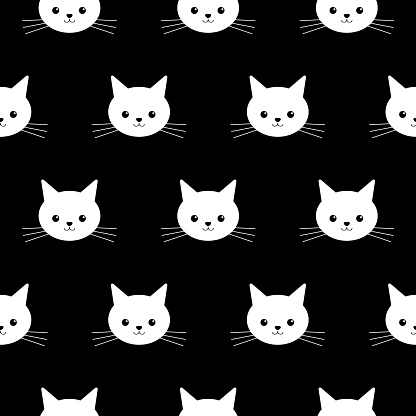 Seamless pattern of the cute cats face on a black background, kawaii vector illustration