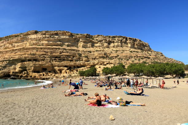 Matala beach with turquoise water, Crete in Greece