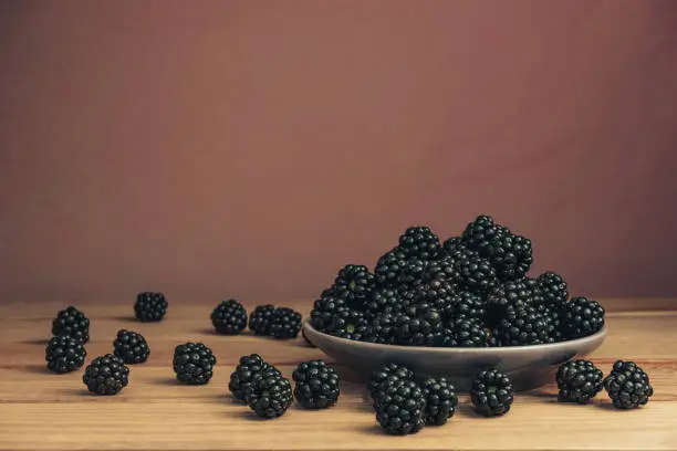 Fresh blackberry in bowl on a brown wooden table and dark-red wall background.