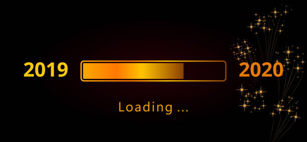 istock 2020 Happy New Year gold loading progress bar with fireworks and sparkles isolated on black background. Holiday web banner, poster, greeting card or invitation, end of year event template 1163598203
