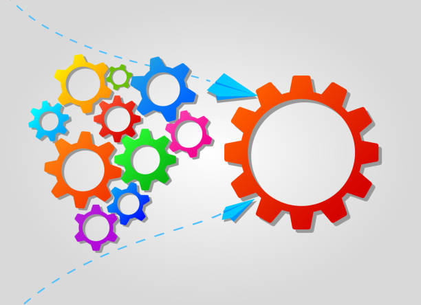 istock Teamwork concept with colorful gears icons. Business strategy, leadership and brainstorming. Idea of partnership and collaboration. Flat banner design for development, team work, project management 1163599300