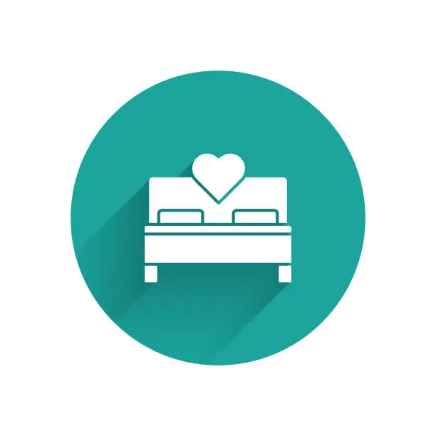 Vector illustration of White Bedroom icon isolated with long shadow. Wedding, love, marriage symbol. Bedroom creative icon from honeymoon collection. Green circle button. Vector Illustration