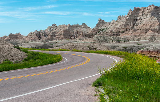 A winding road in The Badlands National Park in South Dakota.