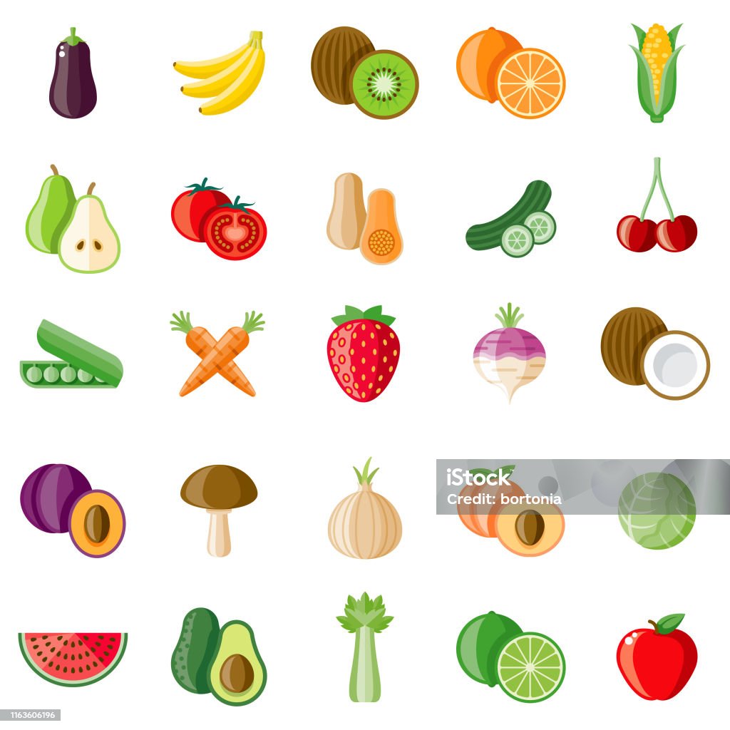 Fruits and Veggies Icon Set A set of icons. File is built in the CMYK color space for optimal printing. Color swatches are global so it’s easy to edit and change the colors. Fruit stock vector