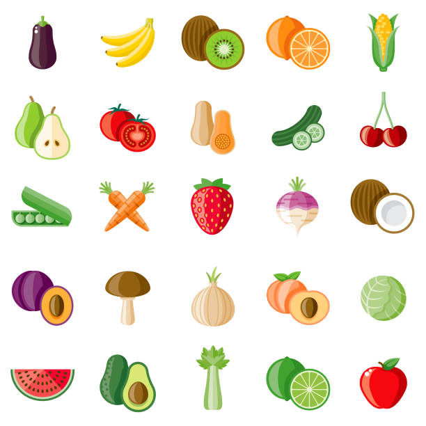 Fruits and Veggies Icon Set A set of icons. File is built in the CMYK color space for optimal printing. Color swatches are global so it’s easy to edit and change the colors. fruit icons stock illustrations