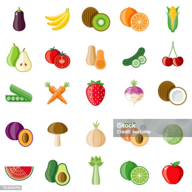 Fruits And Veggies Icon Set Stock Illustration - Download Image Now - Fruit, Vegetable, Food
