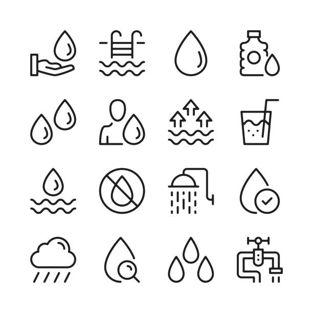 Water line icons set. Modern graphic design concepts, simple linear outline elements collection. Thin line design. Vector line icons Water line icons set. Modern graphic design concepts, simple linear outline elements collection. Thin line design. Vector line icons water icons stock illustrations