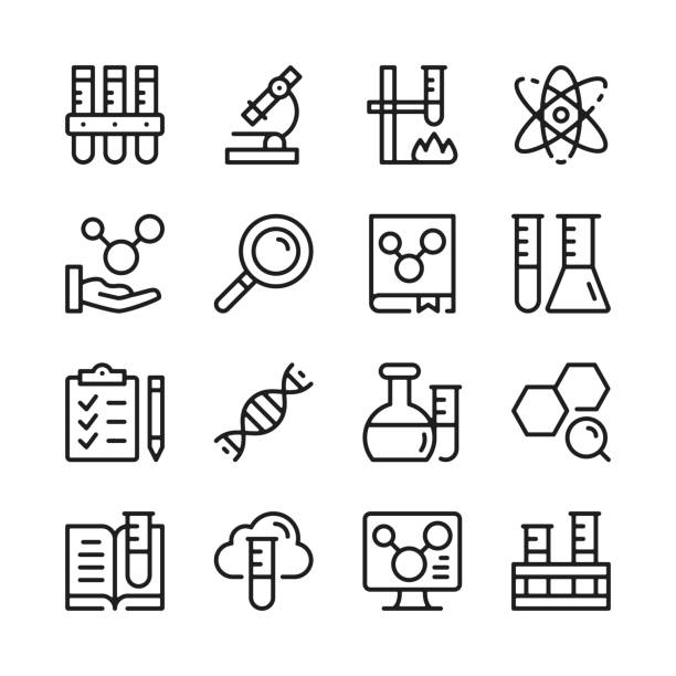 Chemistry line icons set. Modern graphic design concepts, simple linear outline elements collection. Thin line design. Vector line icons Chemistry line icons set. Modern graphic design concepts, simple linear outline elements collection. Thin line design. Vector line icons science icons stock illustrations