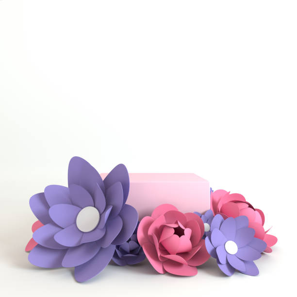 istock Paper flowers frame, podium platform for product presentation. Summer or spring background. Paper cut 3d render mock up in pastel colors 1163609405